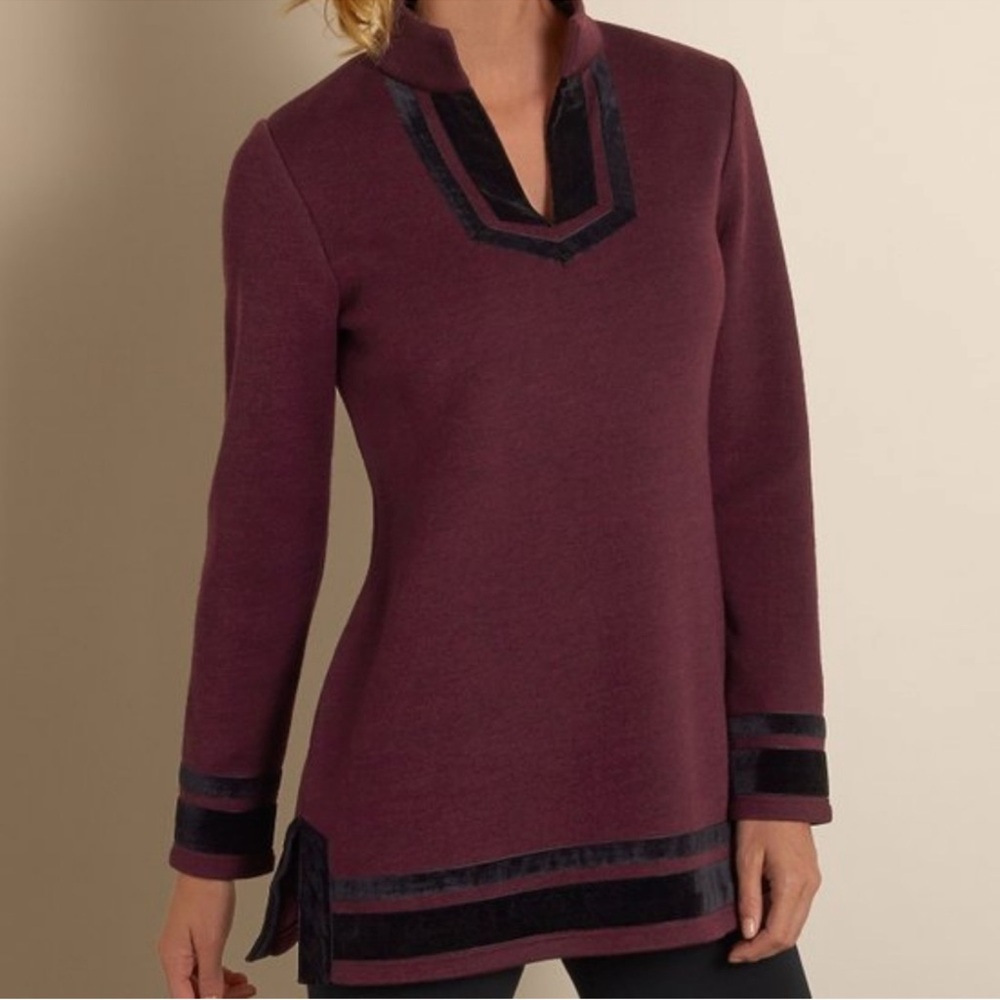 Soft Surroundings Runway Merlot Black Velvet Trim Wool Blend Tunic Sweater Small - Picture 5 of 13